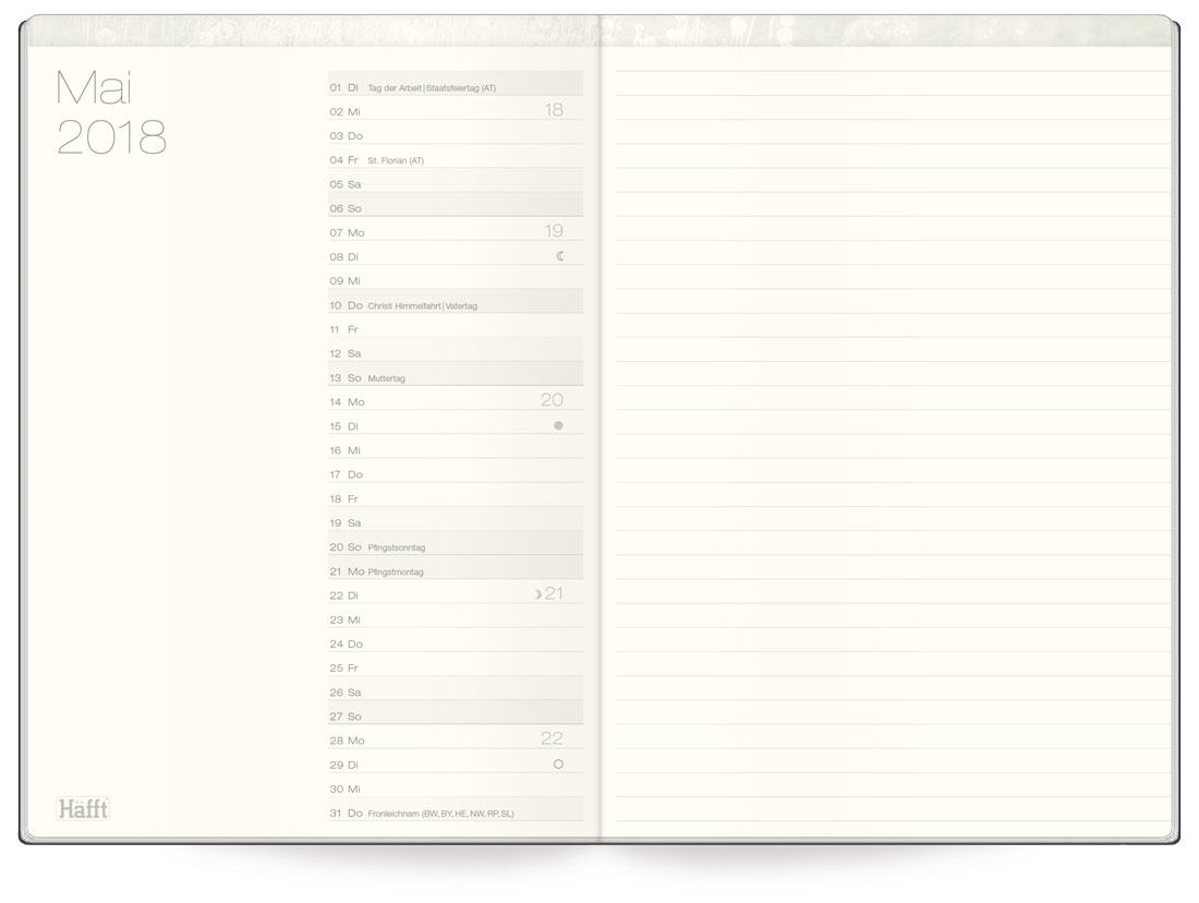 Der Wochenkalender 2018: Links Kalender, rechts Notizen!