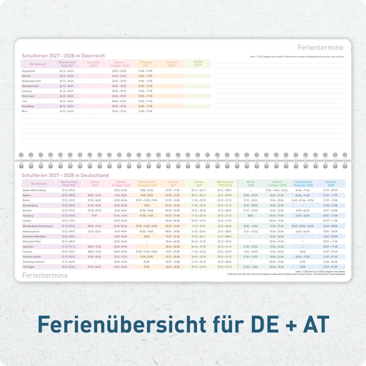 Schuljahres-Tischkalender 2026 / 2027 - Ferienübersicht