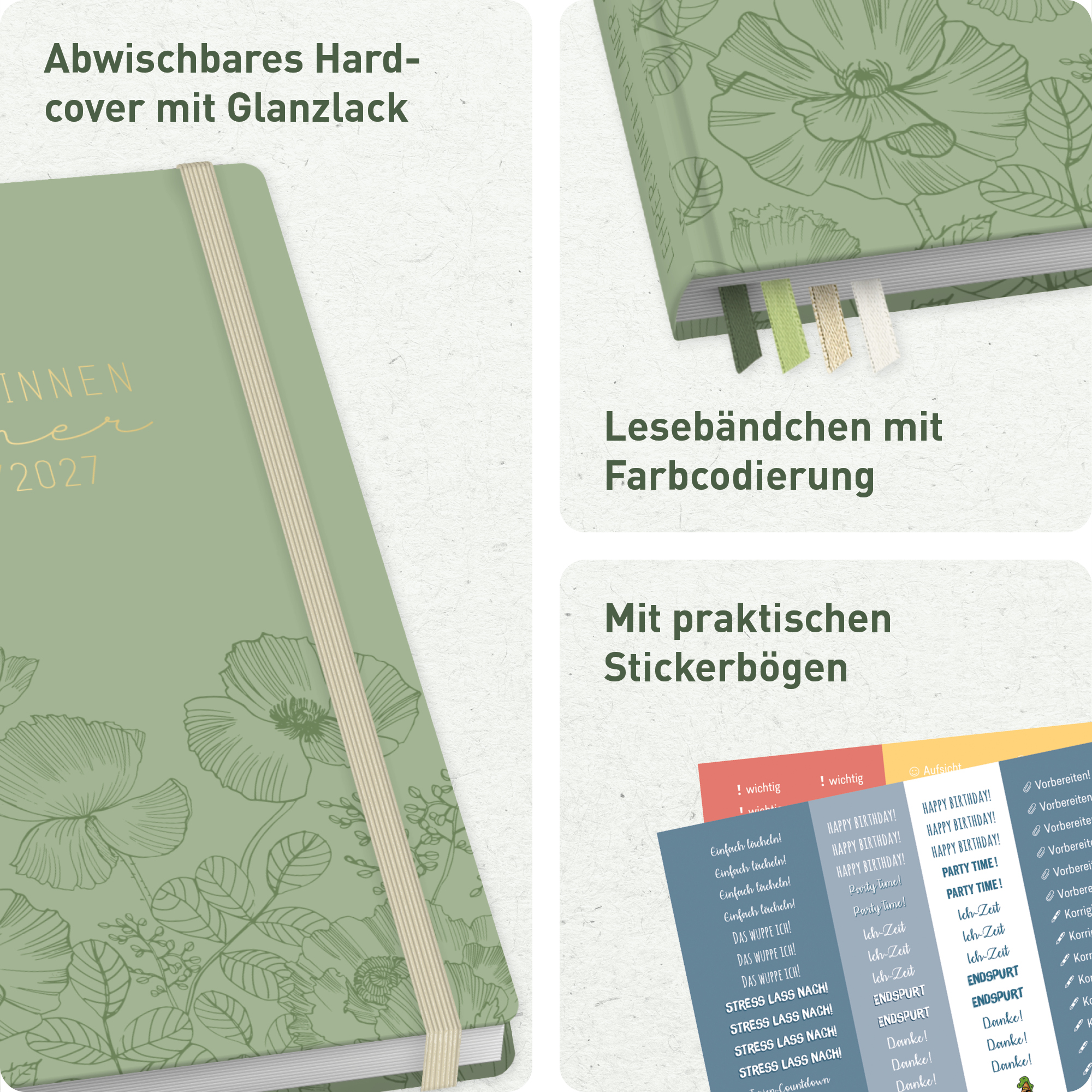 Lehrer-Planer A5 A4 2026 / 2027 - Hardcover Lesebändchen und Stickerbögen