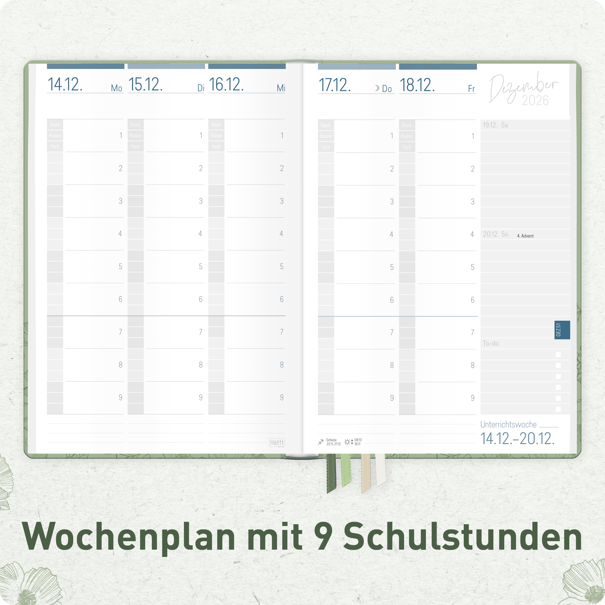 Lehrer-Planer A5 A4 2026 / 2027 - Wochenübersicht mit 9 Schulstunden