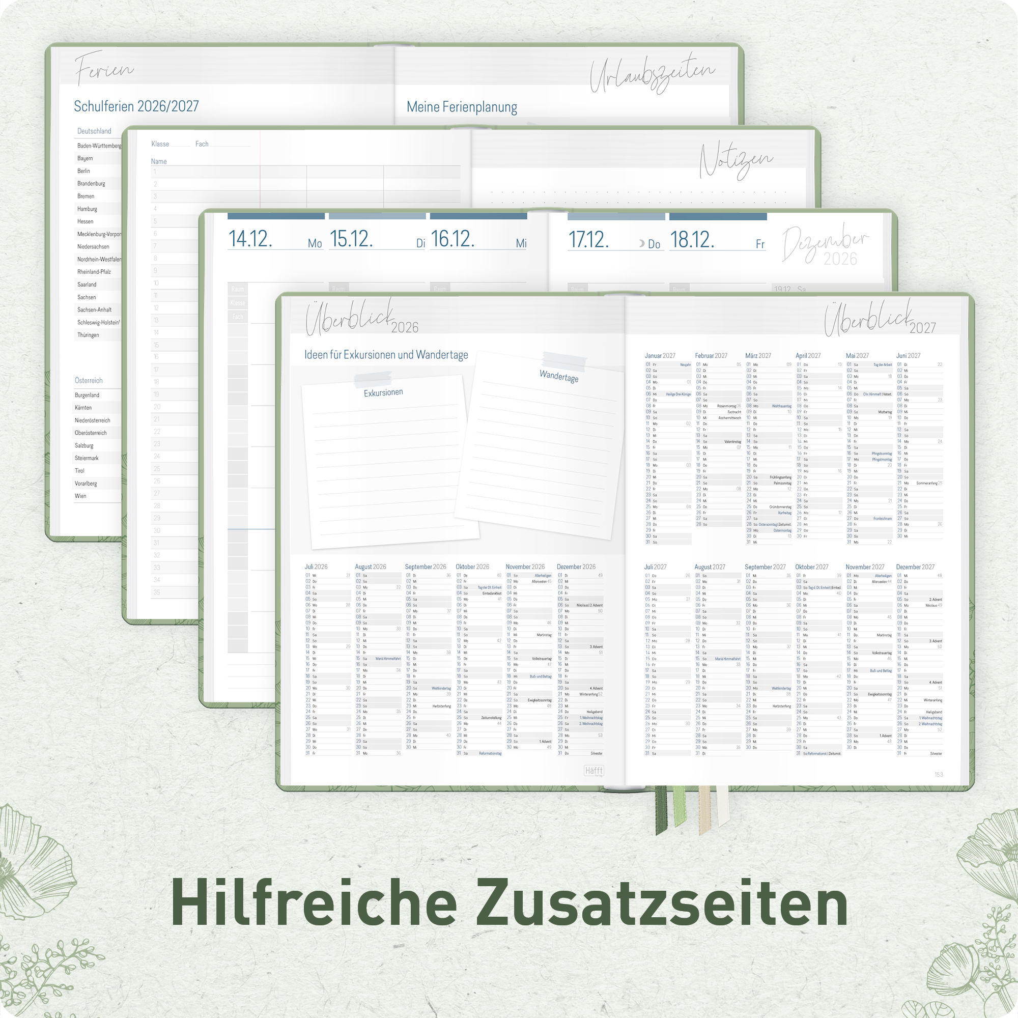 Lehrer-Planer A5 A4 2026 / 2027 - Hilfreiche Zusatzseiten