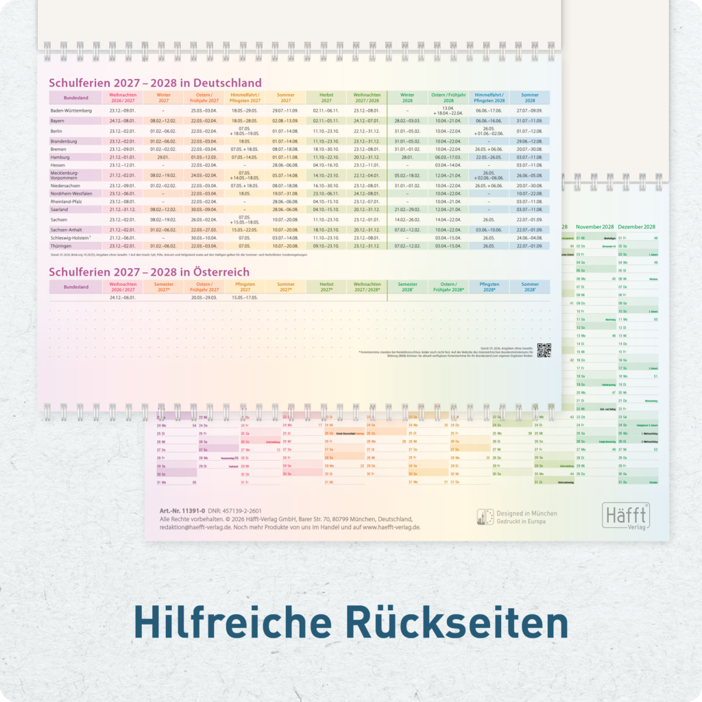 Drei Monatskalender 2027 - Hilfreiche Rückseiten