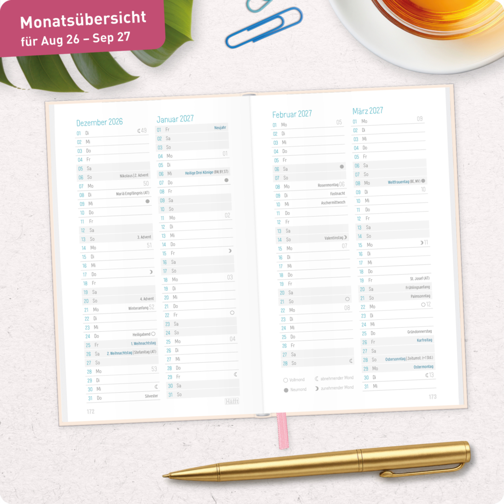 Häfft-Timer slim A6 2026/2027 - monatliche Übersicht
