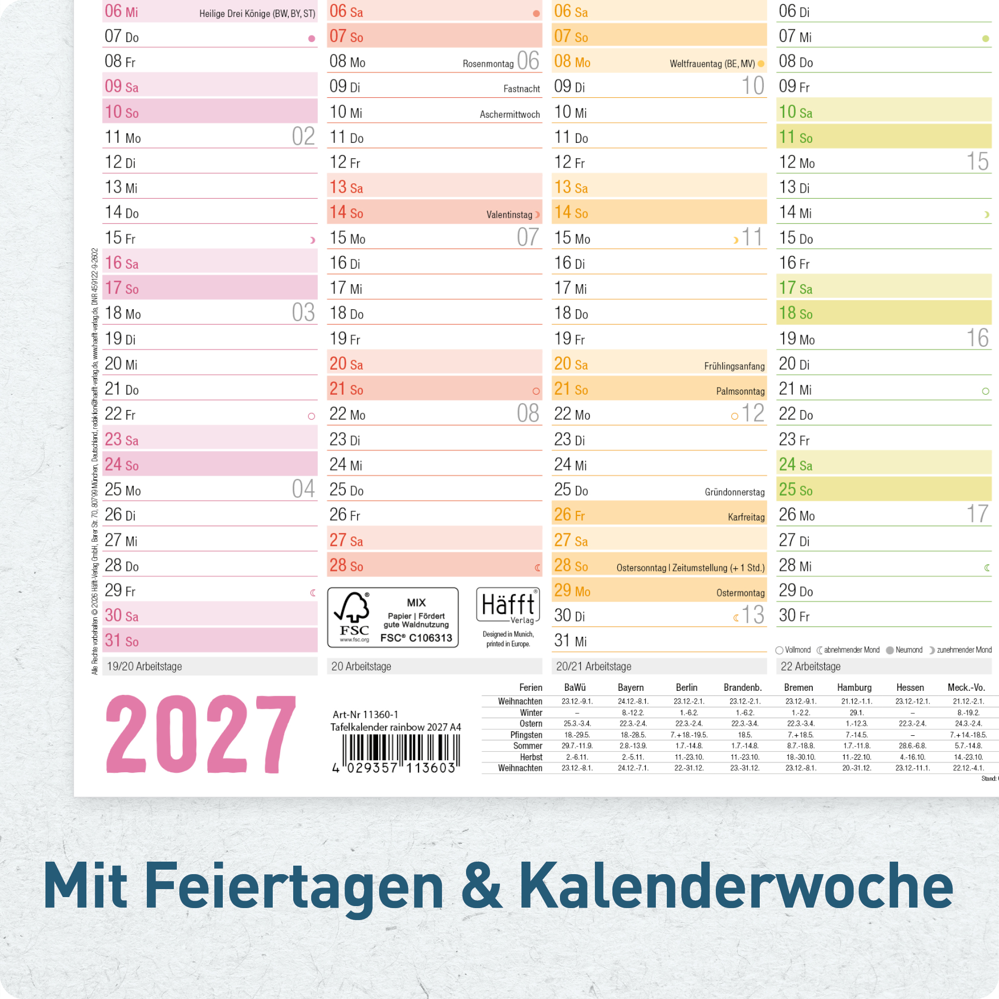 Tafelkalender A4 2027 - Feiertage und Kalenderwochen