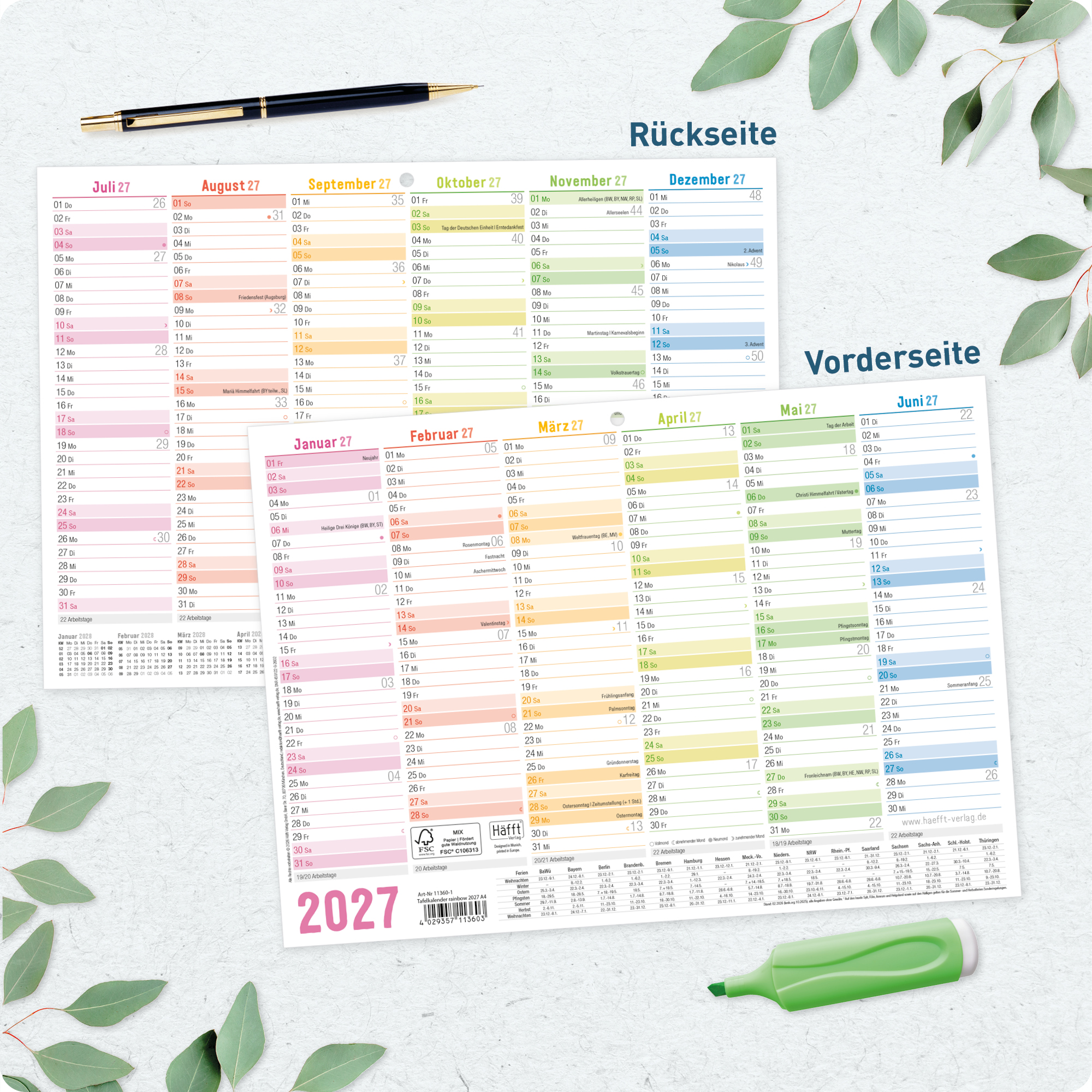 Tafelkalender A4 2027 - Vorderseite Rückseite